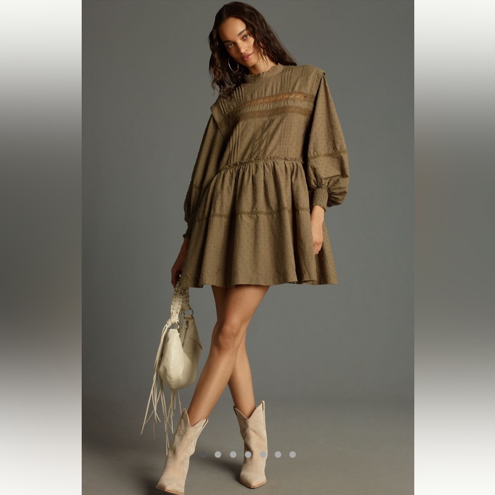 Pilcro Green Smocked Mini Dress with Bishop Sleeves
